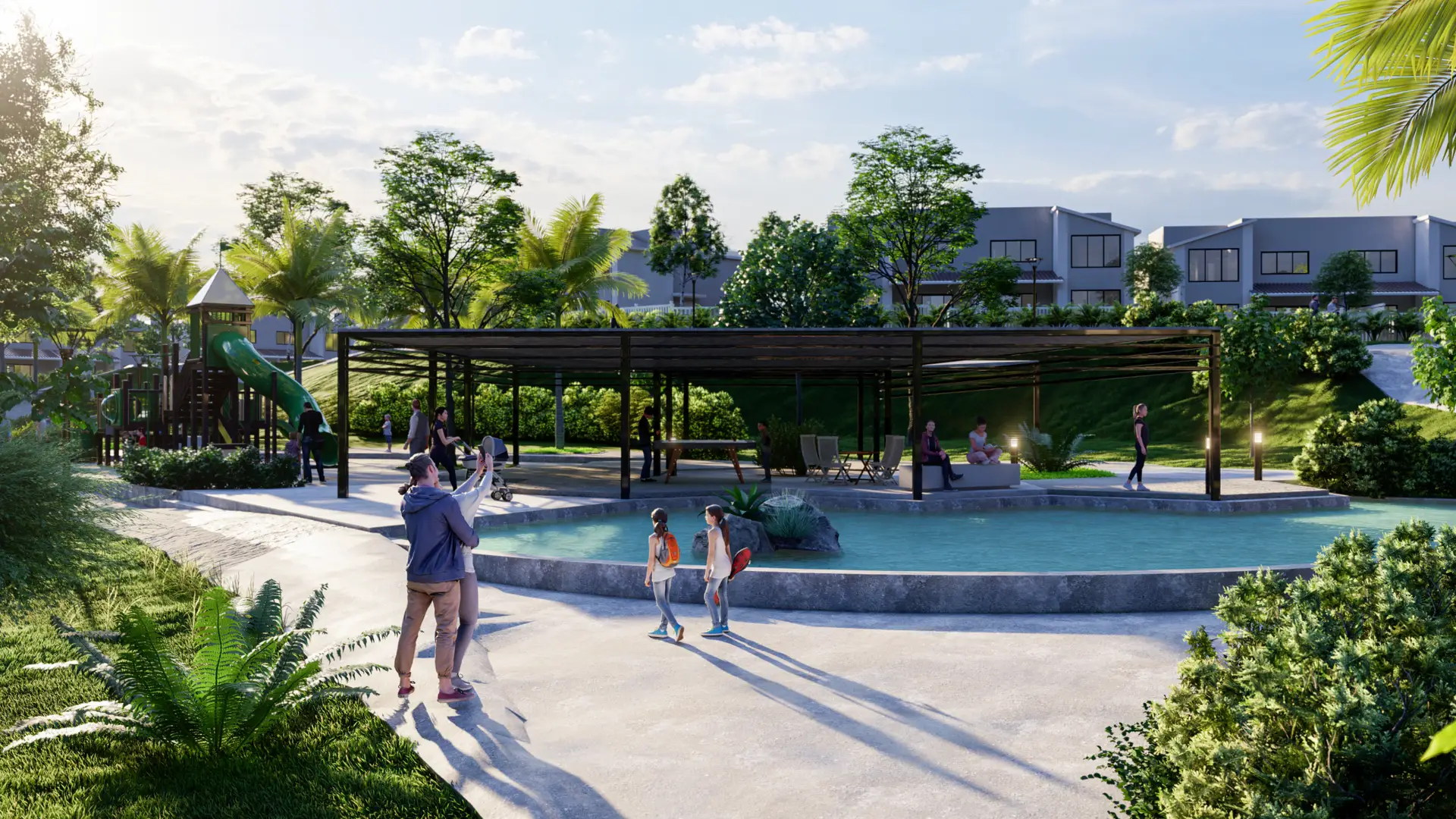 Piscina y área de juegos infantiles en el residencial Cavana en Paseo del Norte