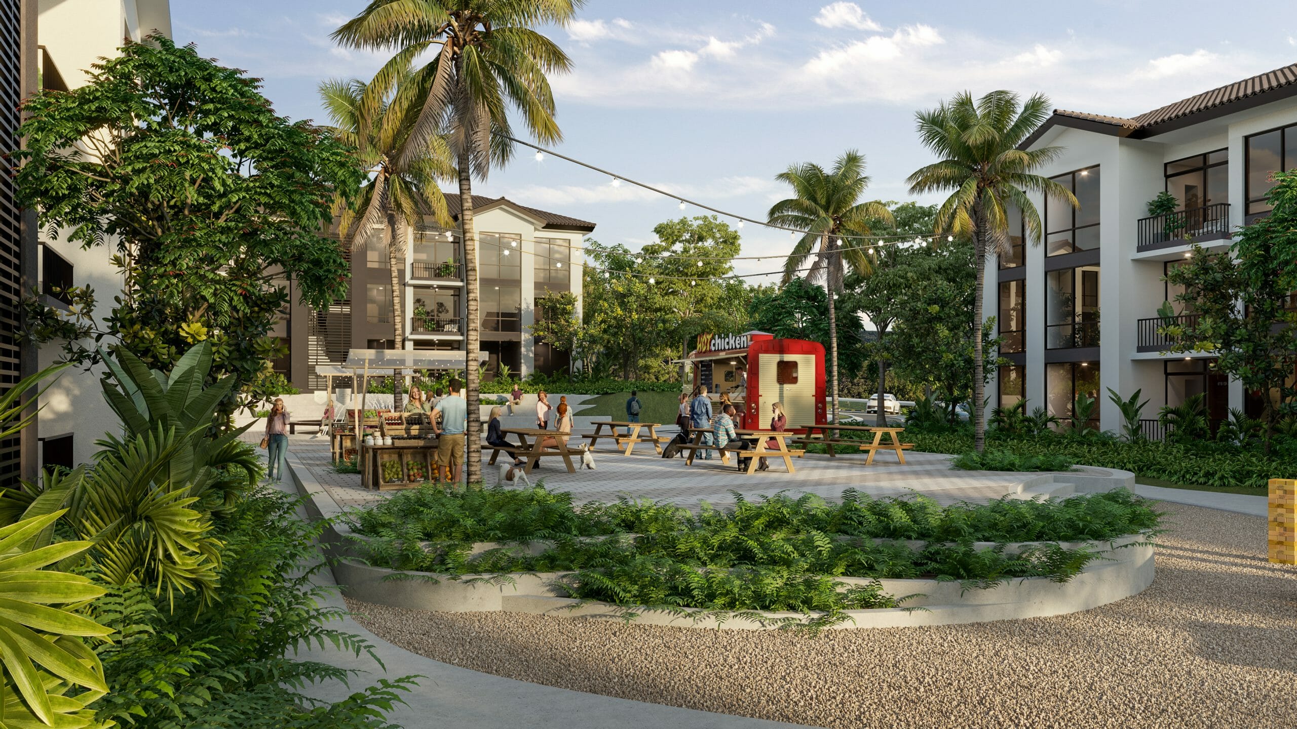 Render con vistas de la plaza central del proyecto Begin Coliving Panama