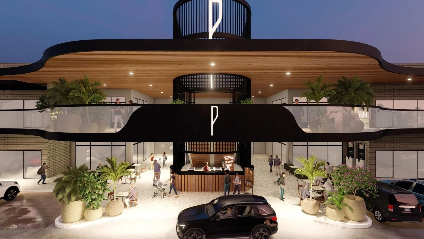 Vista frontal de la plaza comercial Paseo Drive en Paseo del Norte.