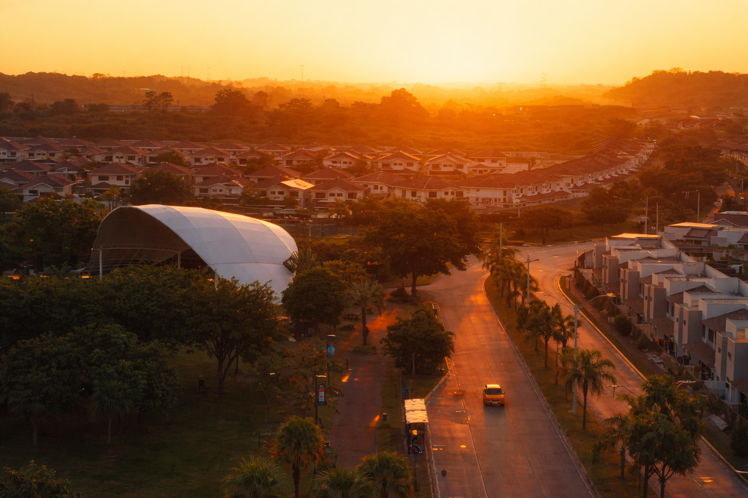 Vista de proyecto residencial al atardecer