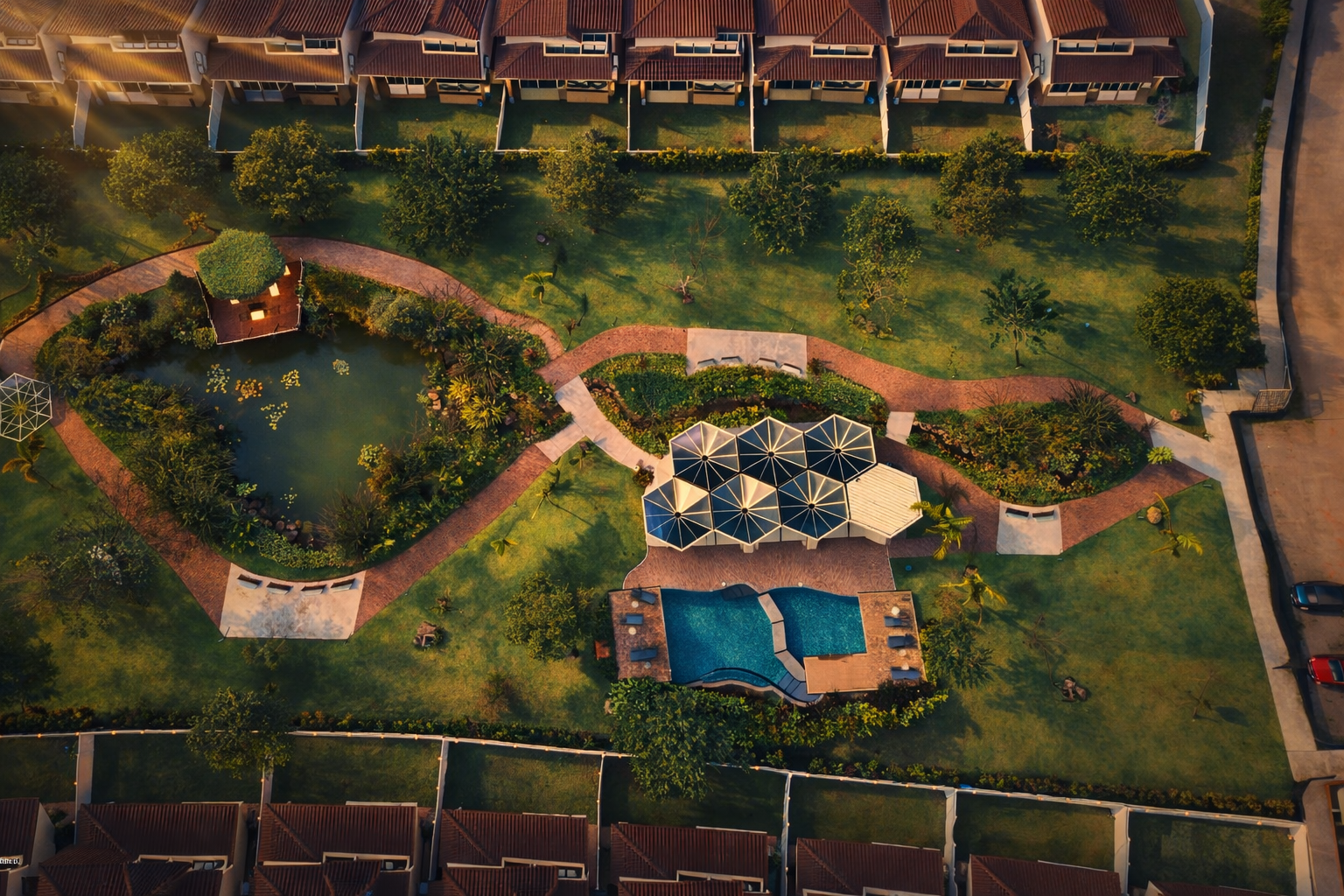 Vista desde arriba de proyecto residencial con amenidades