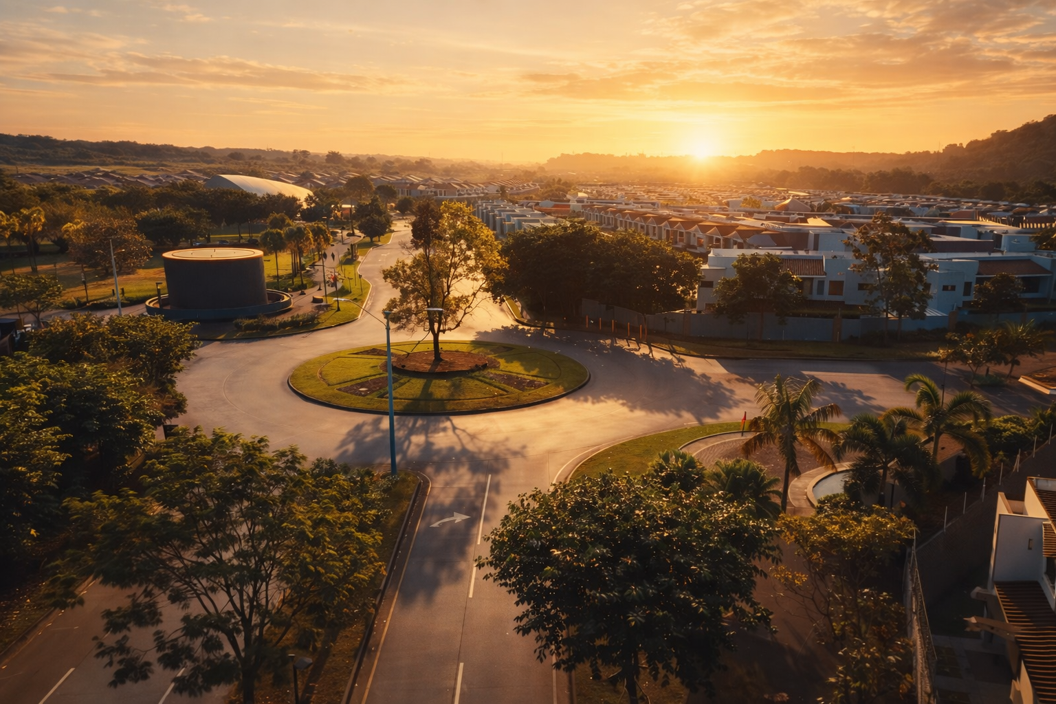 Vista de una rotonda en un proyecto residencial